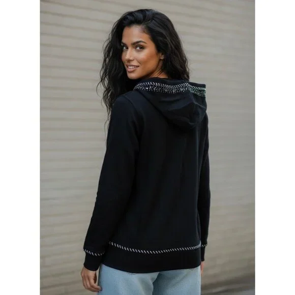 Vtg 90s Black Embroidered Sequin Beaded Zip Up Hoodie | Y2K Skater Grunge Retro - Picture 6 of 16